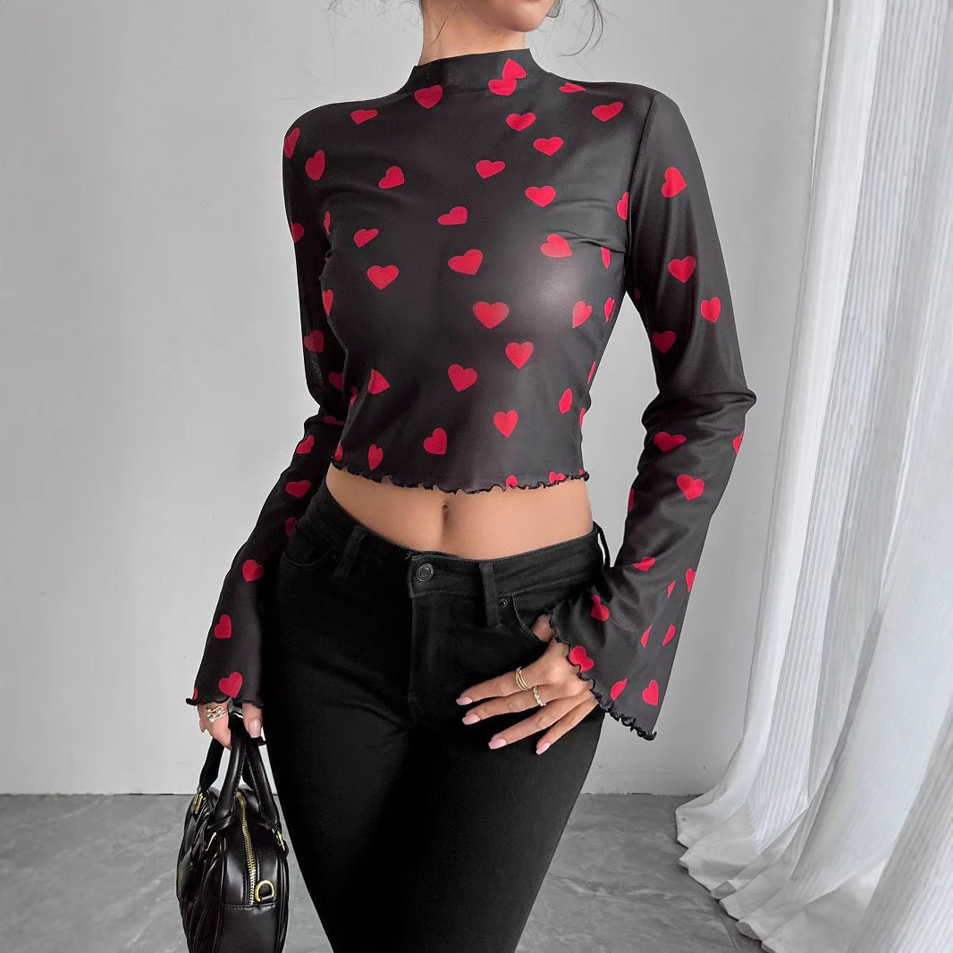 Women's mesh printing crew neck flared sleeve long sleeve T-shirt - Image 3