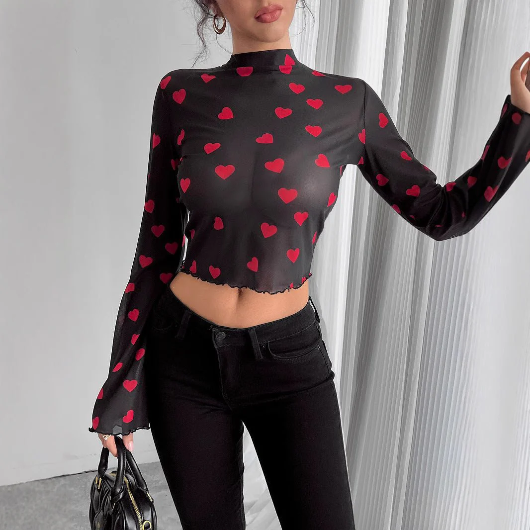 Women's mesh printing crew neck flared sleeve long sleeve T-shirt - Image 4
