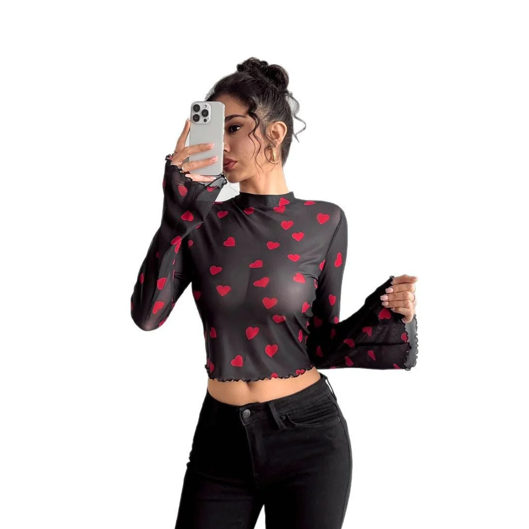Women's mesh printing crew neck flared sleeve long sleeve T-shirt - Image 5