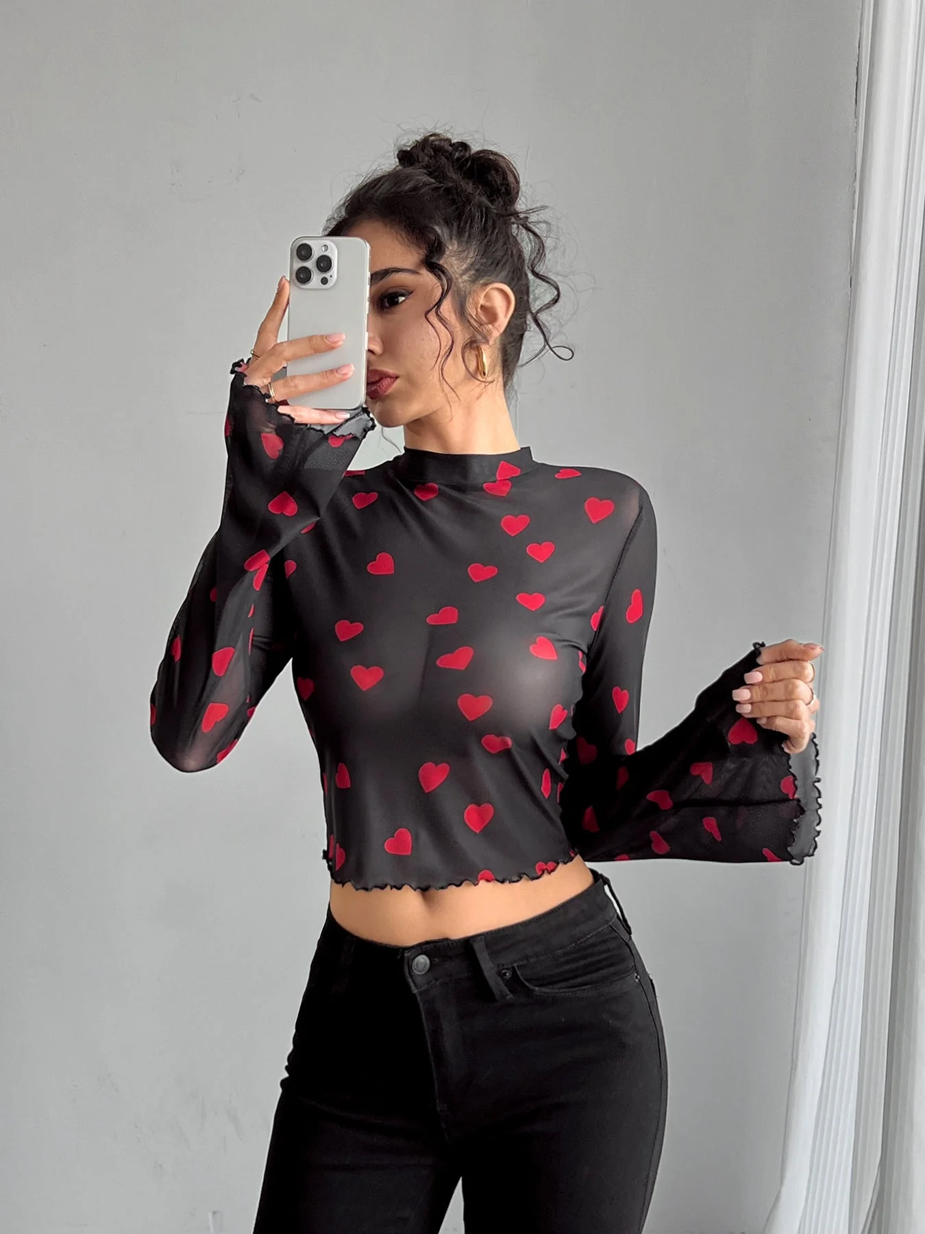 Women's mesh printing crew neck flared sleeve long sleeve T-shirt - Image 7