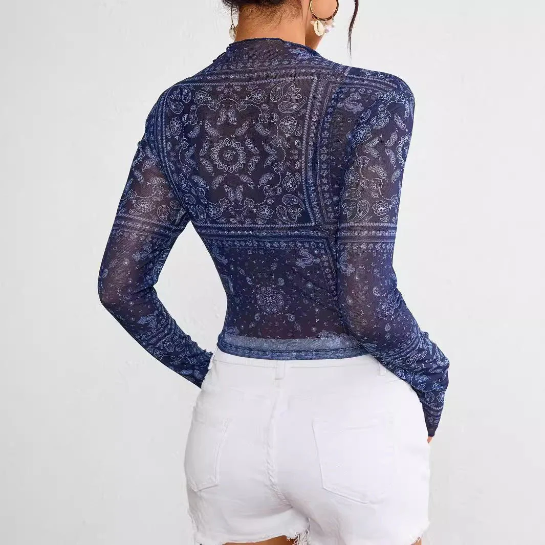 Women's mesh printing stand-up collar long-sleeved short T-shirt top women - Image 2