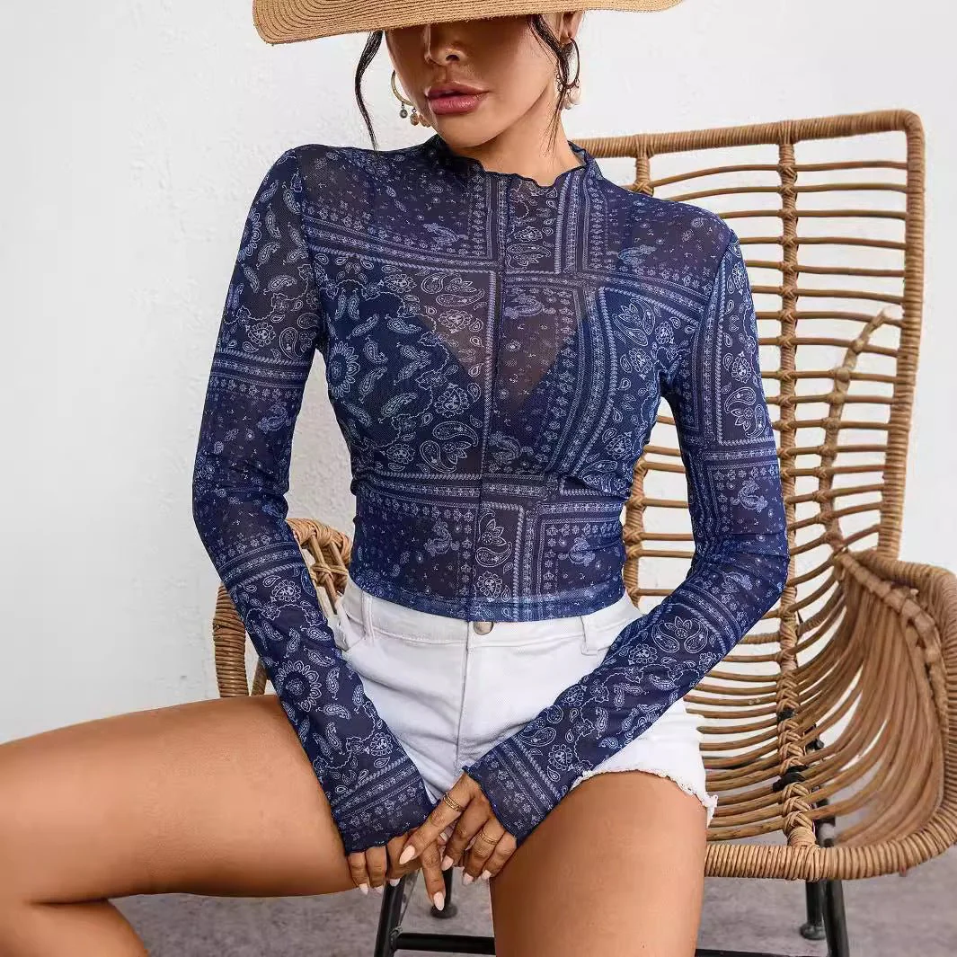 Women's mesh printing stand-up collar long-sleeved short T-shirt top women - Image 3