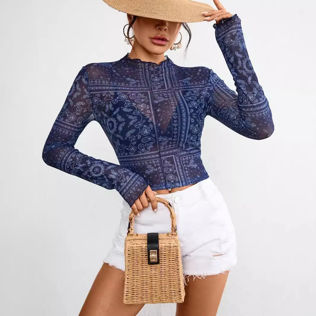 Women's mesh printing stand-up collar long-sleeved short T-shirt top women - Image 4