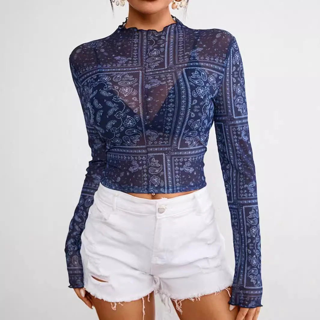 Women's mesh printing stand-up collar long-sleeved short T-shirt top women - Image 5