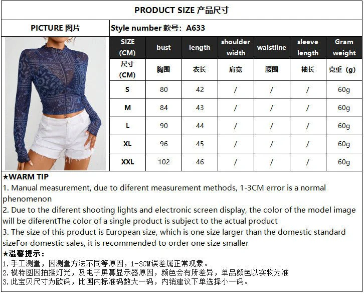 Women's mesh printing stand-up collar long-sleeved short T-shirt top women - Image 6