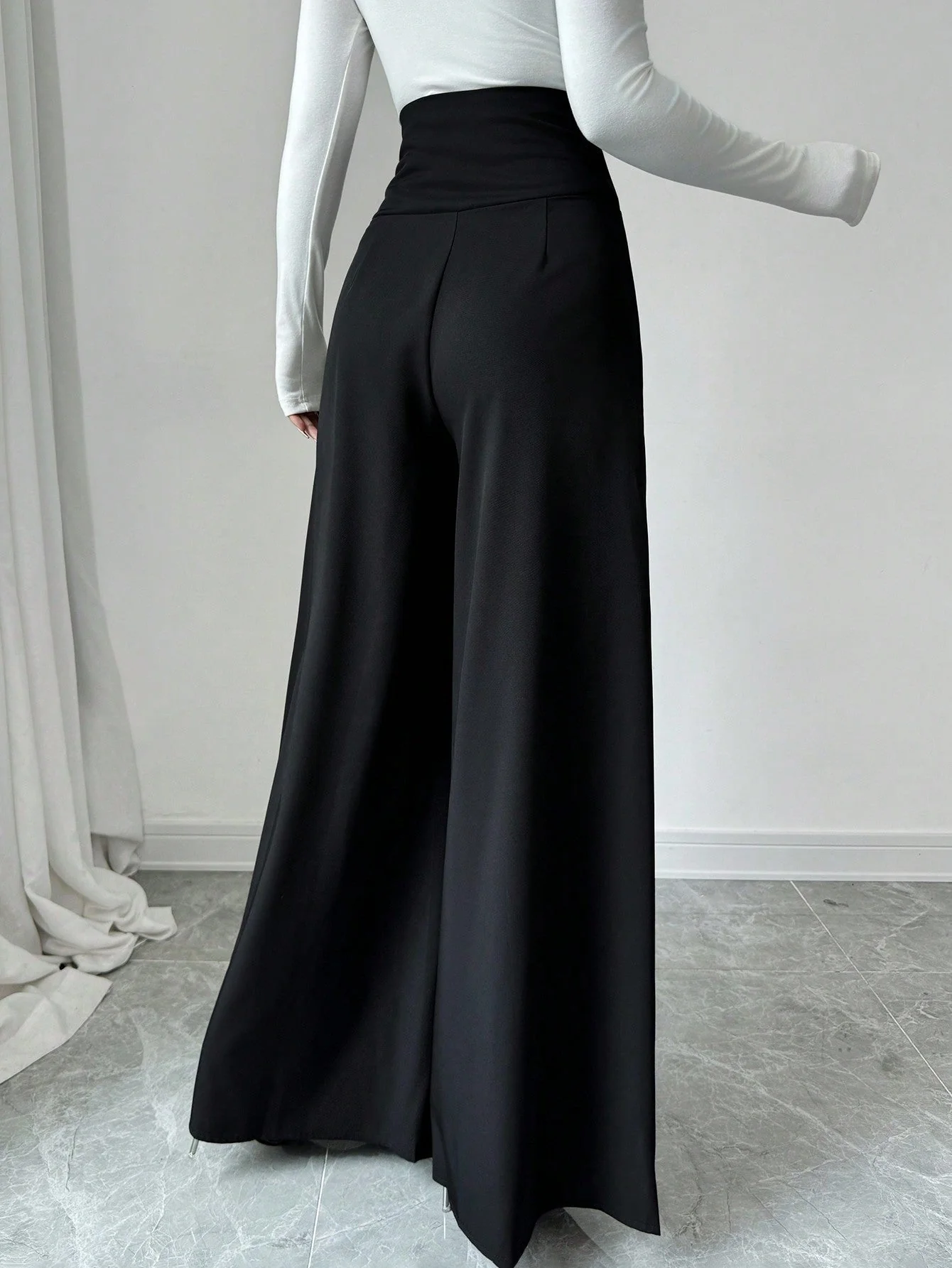 Women's Minimalist Elegant High-Waisted Slimming Black Wide Leg Pants For Work,Office Work Wear - Image 2