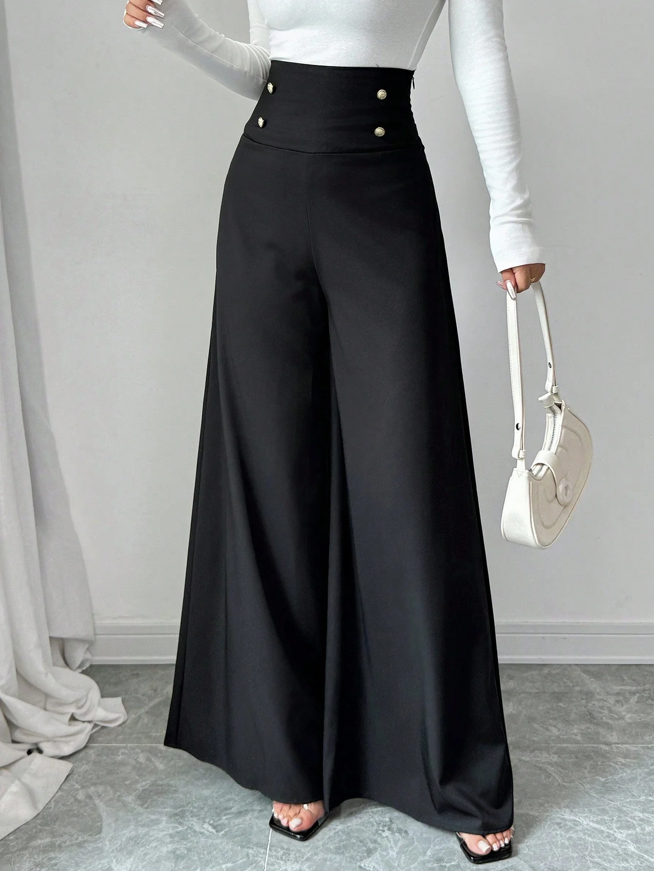 Women's Minimalist Elegant High-Waisted Slimming Black Wide Leg Pants For Work,Office Work Wear - Image 4