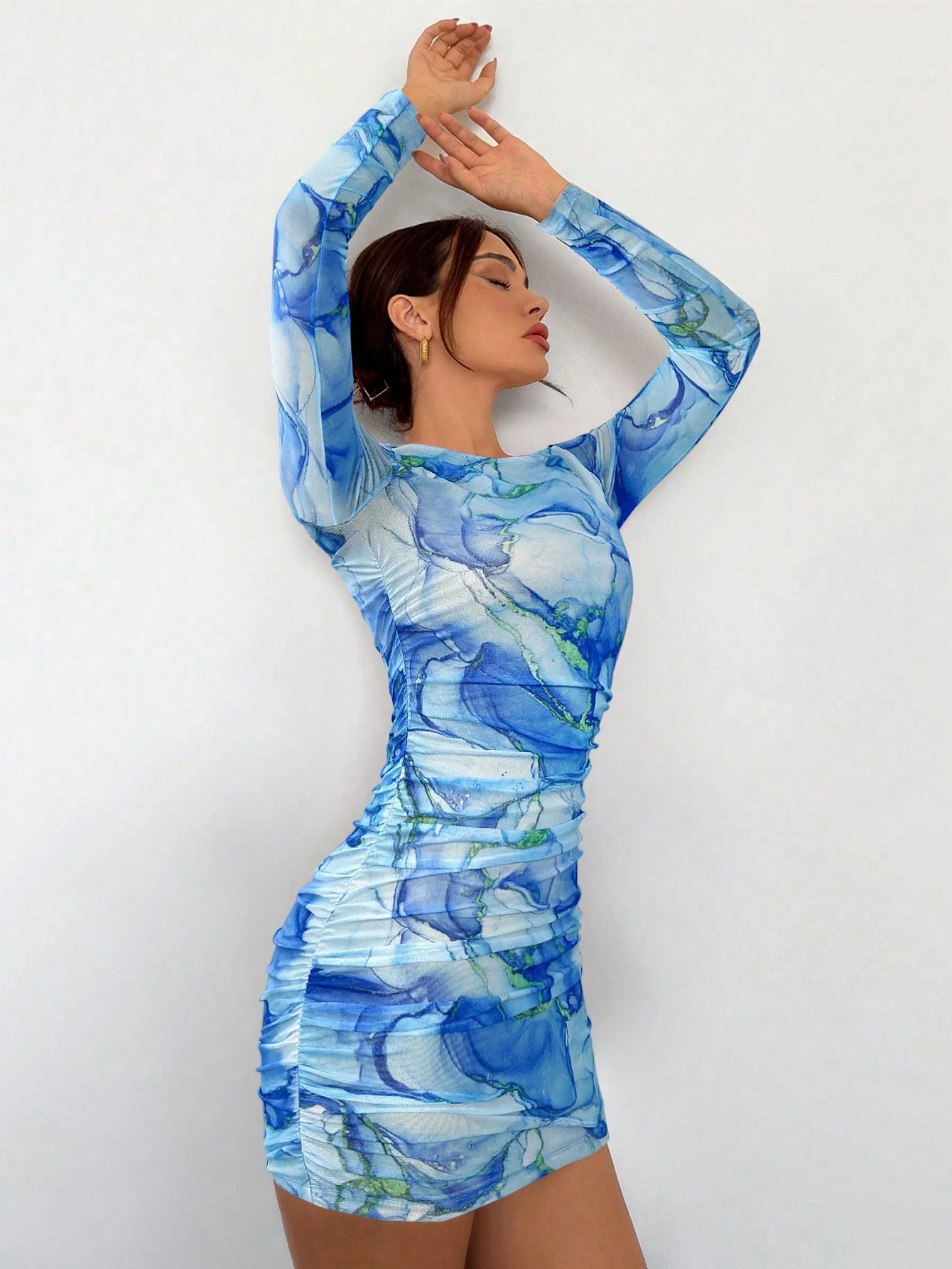 Women's New Romantic Date Night Ombre Print Mesh Bodycon Long Sleeve Mini Dress - Image 14