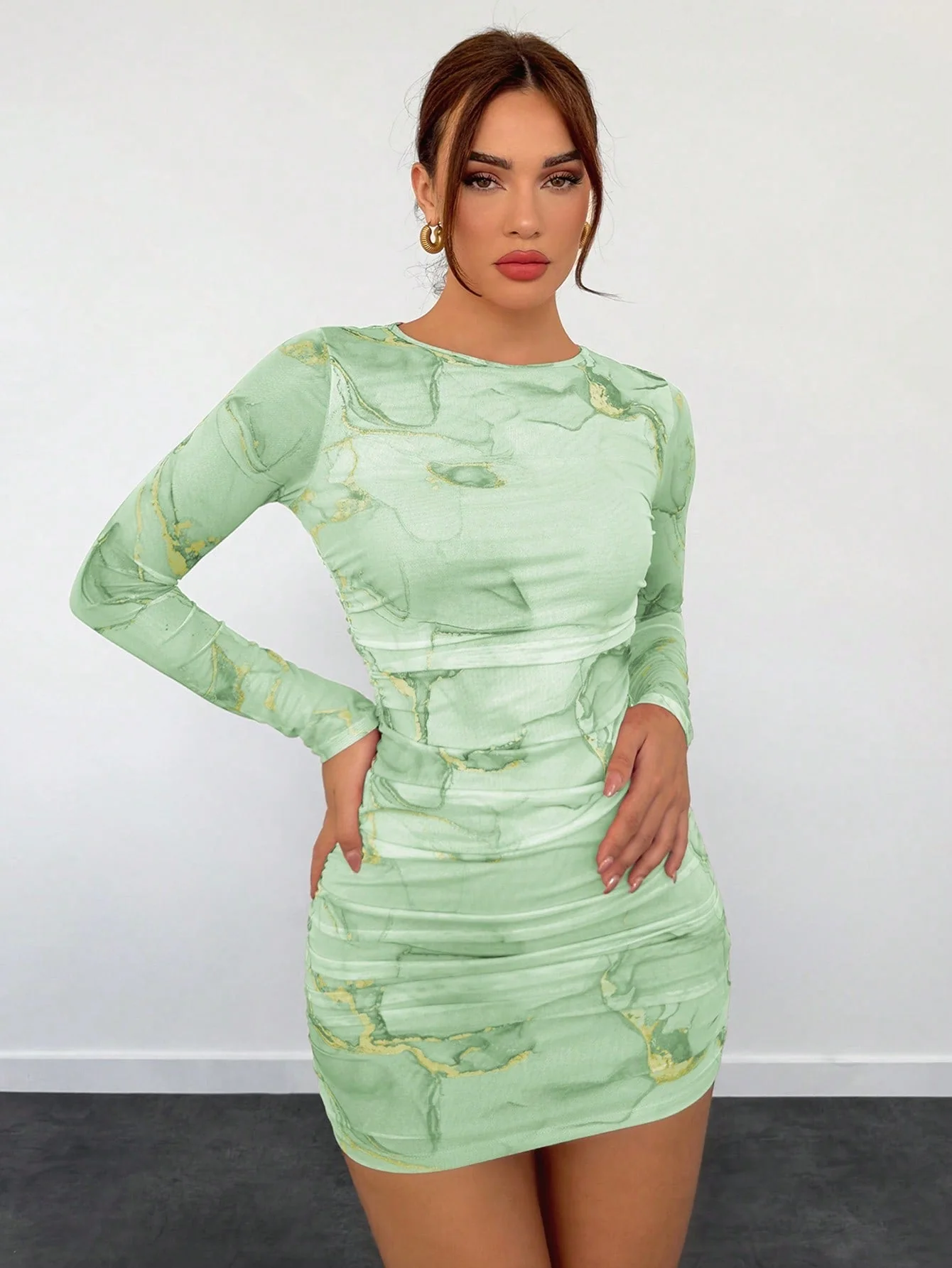 Women's New Romantic Date Night Ombre Print Mesh Bodycon Long Sleeve Mini Dress - Image 15