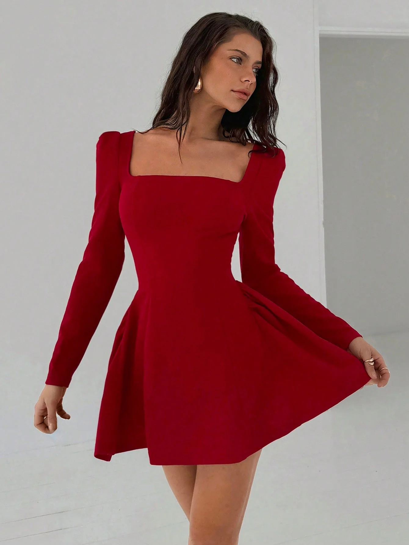 Women's New Year Solid Red Mini A-Line Peplum Dress With Square Collar, Sxy & Elegant Fitted Waist Long Sleeve Bodycon Dress For Christmas, Date Night - Image 3
