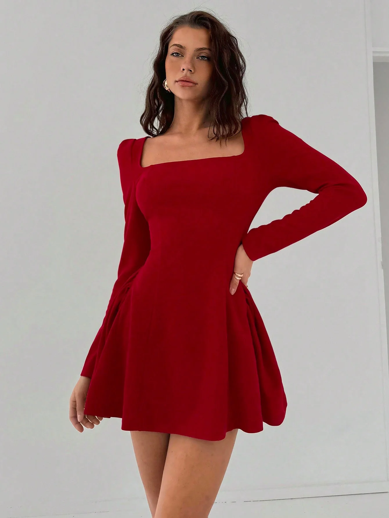 Women's New Year Solid Red Mini A-Line Peplum Dress With Square Collar, Sxy & Elegant Fitted Waist Long Sleeve Bodycon Dress For Christmas, Date Night - Image 6