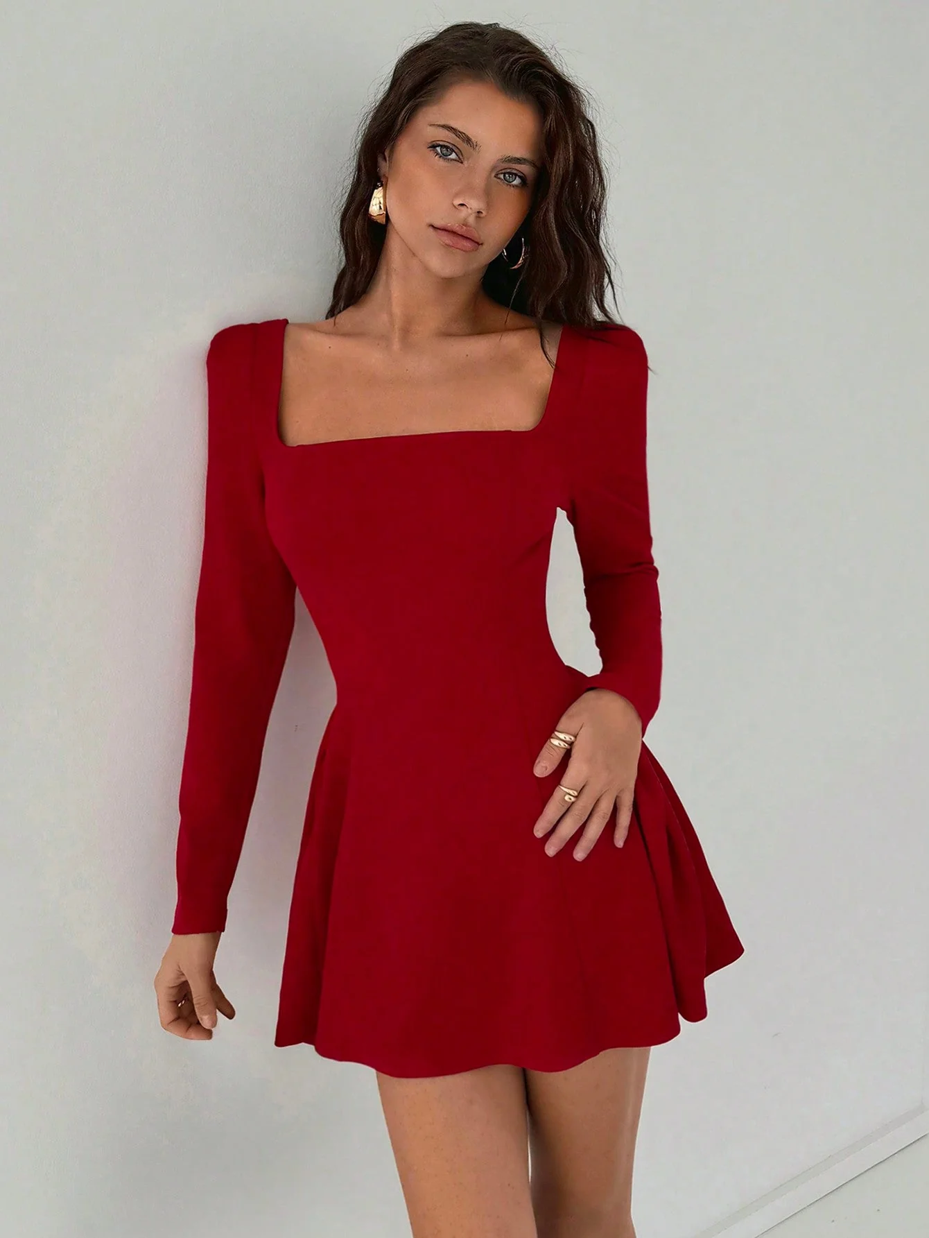 Women's New Year Solid Red Mini A-Line Peplum Dress With Square Collar, Sxy & Elegant Fitted Waist Long Sleeve Bodycon Dress For Christmas, Date Night - Image 7