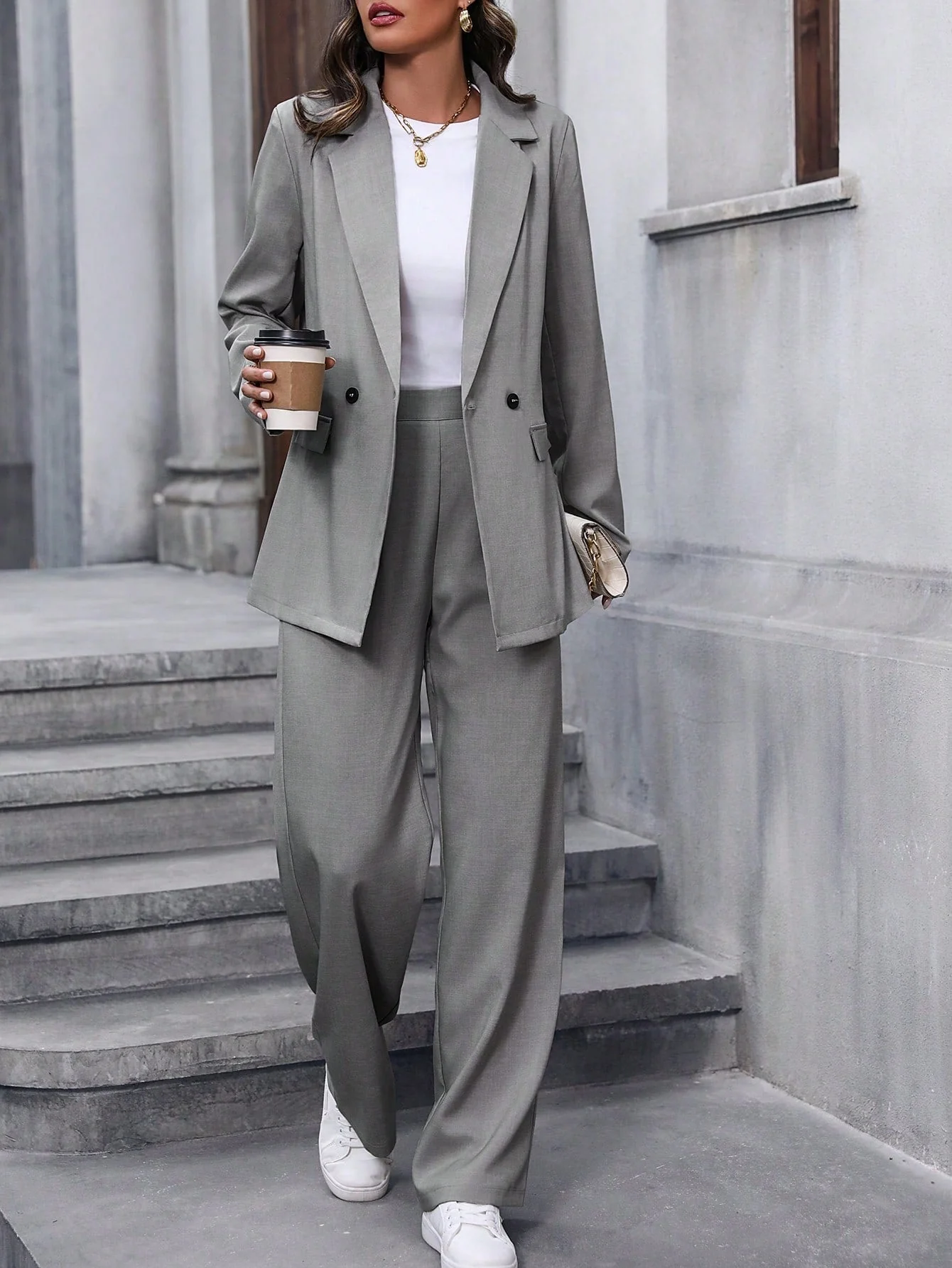 Women's Notched Lapel Suit Jacket And Pants Set - Image 14