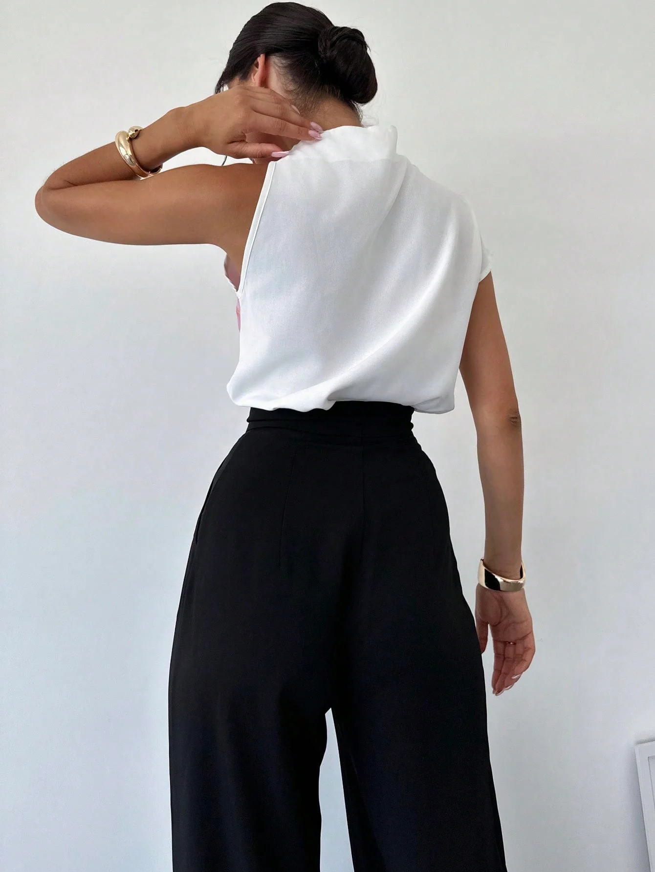 Women's One Shoulder Positioning Print Elegant Resort Shirt,Ladies Elegant Appliques,Button Sleeveless Stand Collar Regular Fit Regular White Batwing Sleeve Top Women Blouses,Spring/Summer,Casual Daily Wear - Image 3