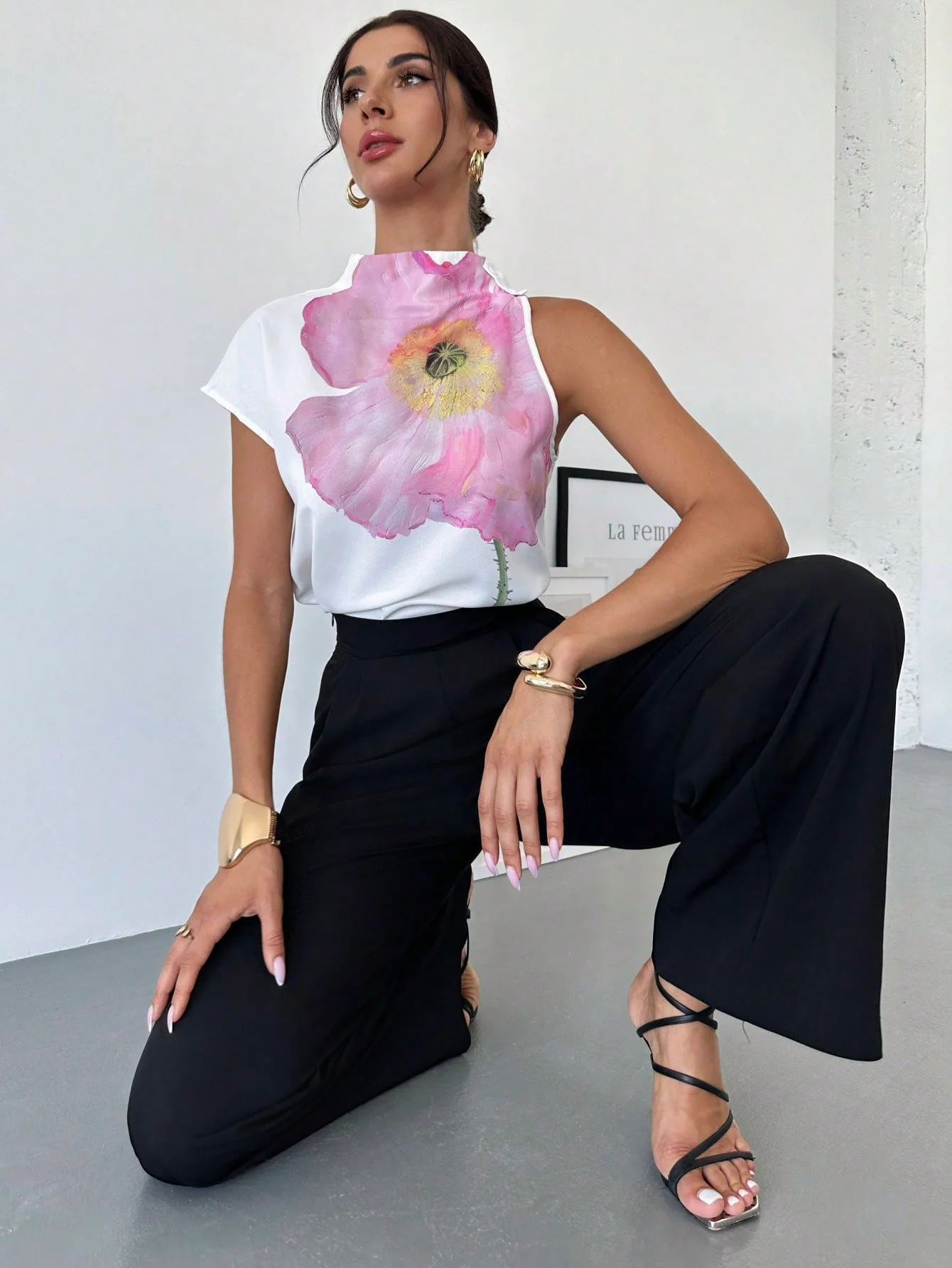 Women's One Shoulder Positioning Print Elegant Resort Shirt,Ladies Elegant Appliques,Button Sleeveless Stand Collar Regular Fit Regular White Batwing Sleeve Top Women Blouses,Spring/Summer,Casual Daily Wear - Image 4