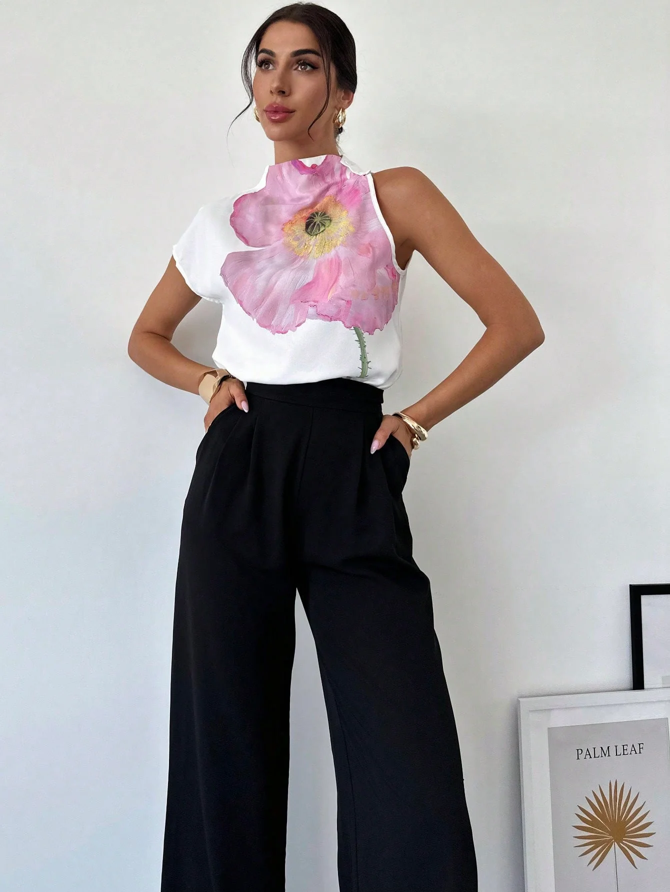 Women's One Shoulder Positioning Print Elegant Resort Shirt,Ladies Elegant Appliques,Button Sleeveless Stand Collar Regular Fit Regular White Batwing Sleeve Top Women Blouses,Spring/Summer,Casual Daily Wear - Image 5