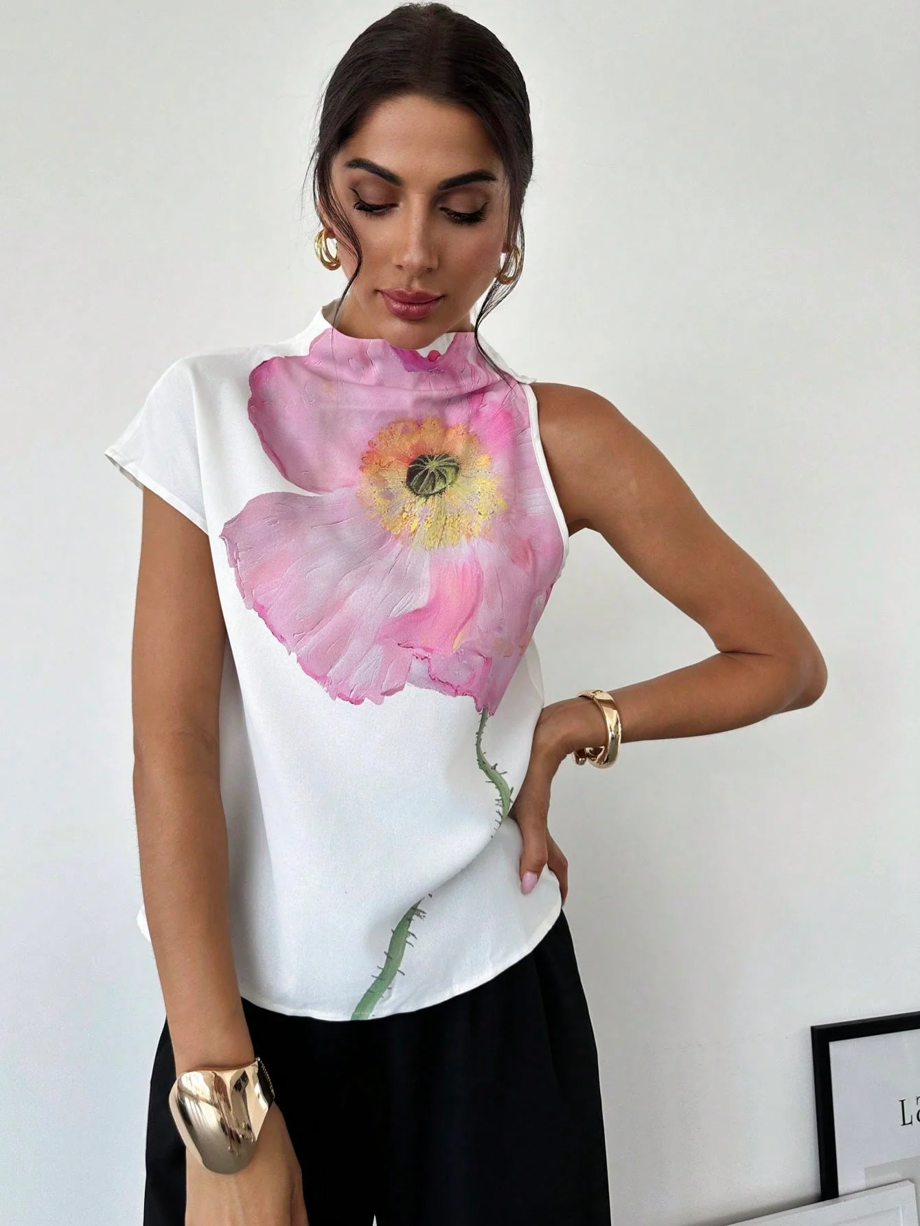 Women's One Shoulder Positioning Print Elegant Resort Shirt,Ladies Elegant Appliques,Button Sleeveless Stand Collar Regular Fit Regular White Batwing Sleeve Top Women Blouses,Spring/Summer,Casual Daily Wear - Image 6
