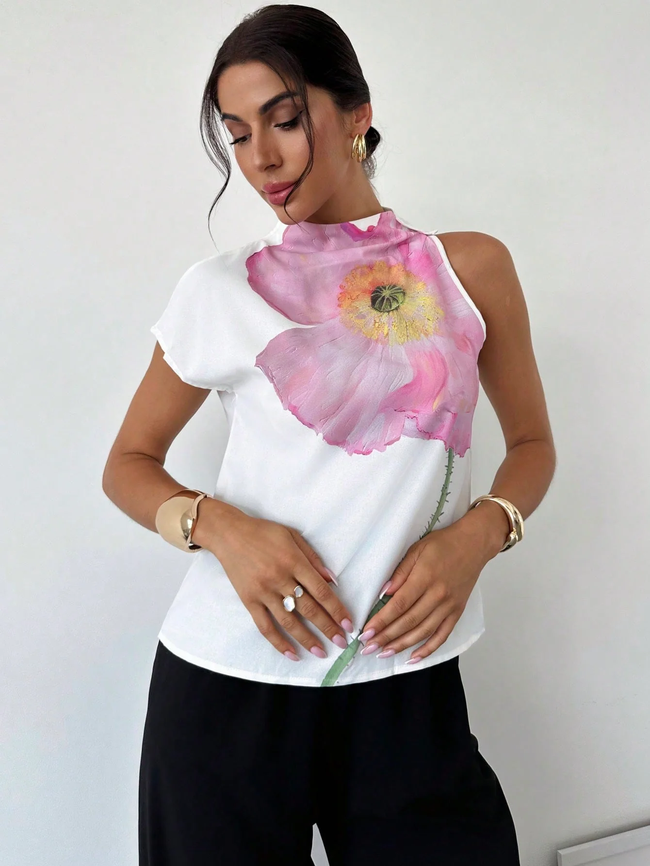 Women's One Shoulder Positioning Print Elegant Resort Shirt,Ladies Elegant Appliques,Button Sleeveless Stand Collar Regular Fit Regular White Batwing Sleeve Top Women Blouses,Spring/Summer,Casual Daily Wear - Image 7