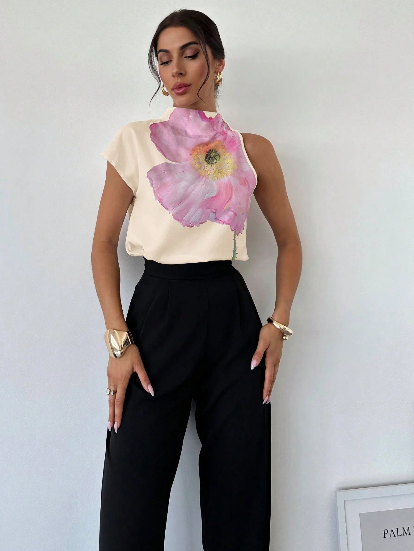 Women's One Shoulder Positioning Print Elegant Resort Shirt,Ladies Elegant Appliques,Button Sleeveless Stand Collar Regular Fit Regular White Batwing Sleeve Top Women Blouses,Spring/Summer,Casual Daily Wear - Image 8