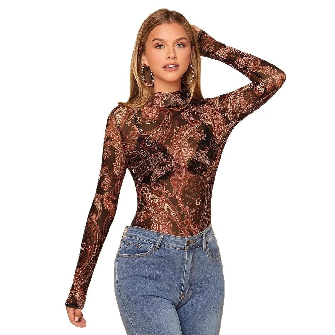 Women's paisley printed stand-up collar mesh long-sleeved T-shirt top - Image 5