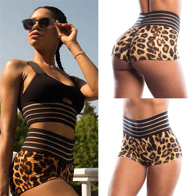 Women's pants leopard print splicing stripes elastic belt waist hip shorts
