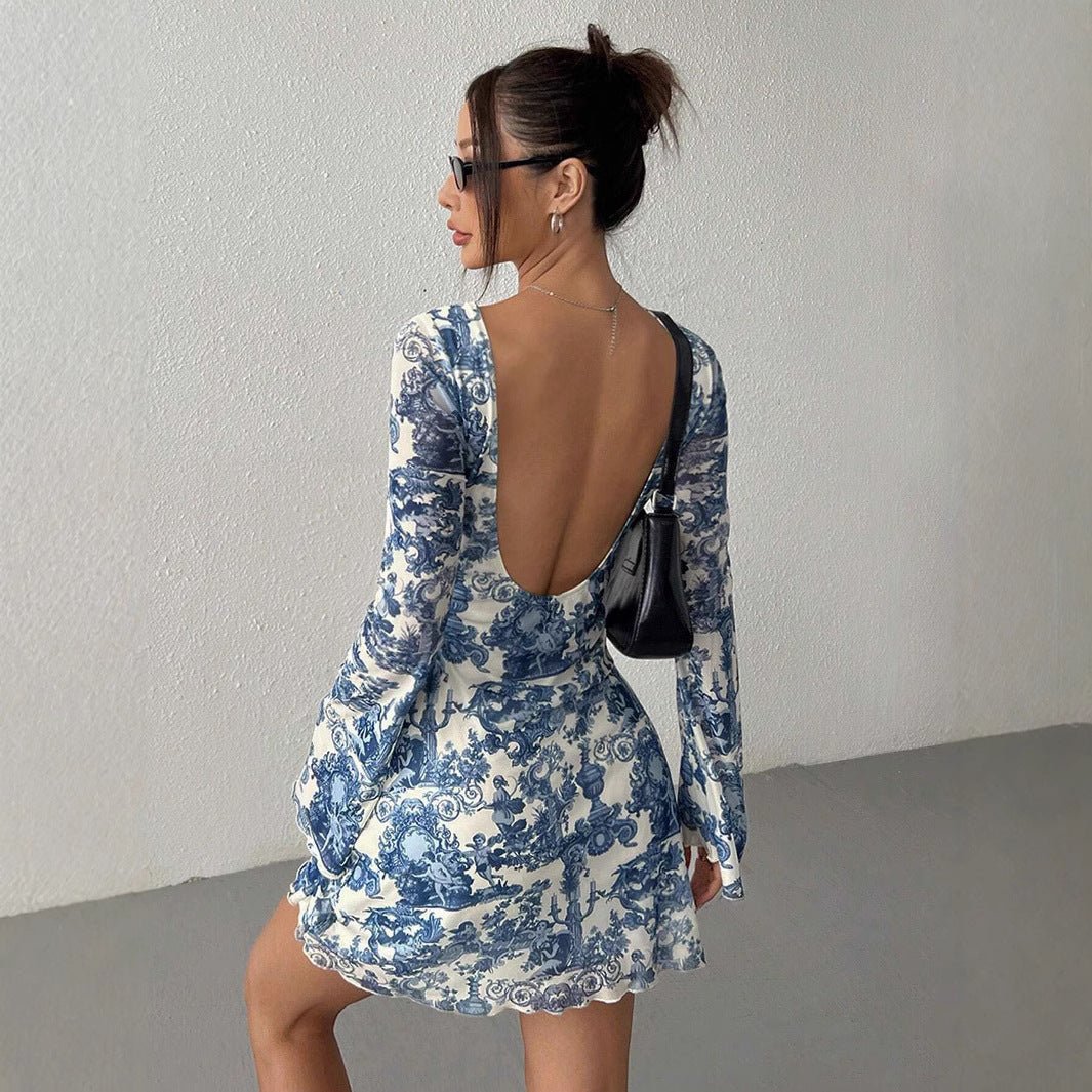 Women's printed horn sleeve backless mesh dress