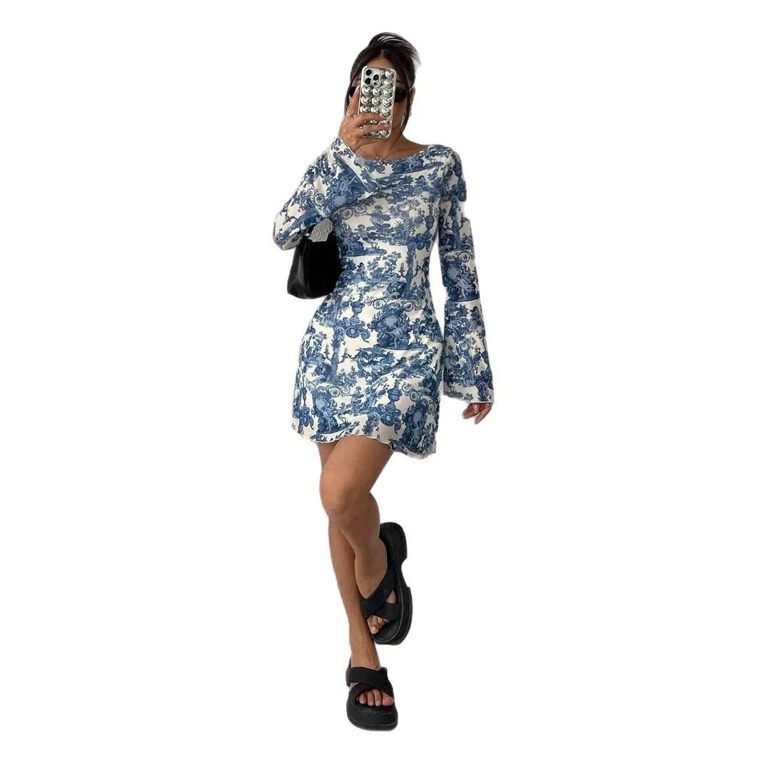 Women's printed horn sleeve backless mesh dress - Image 5