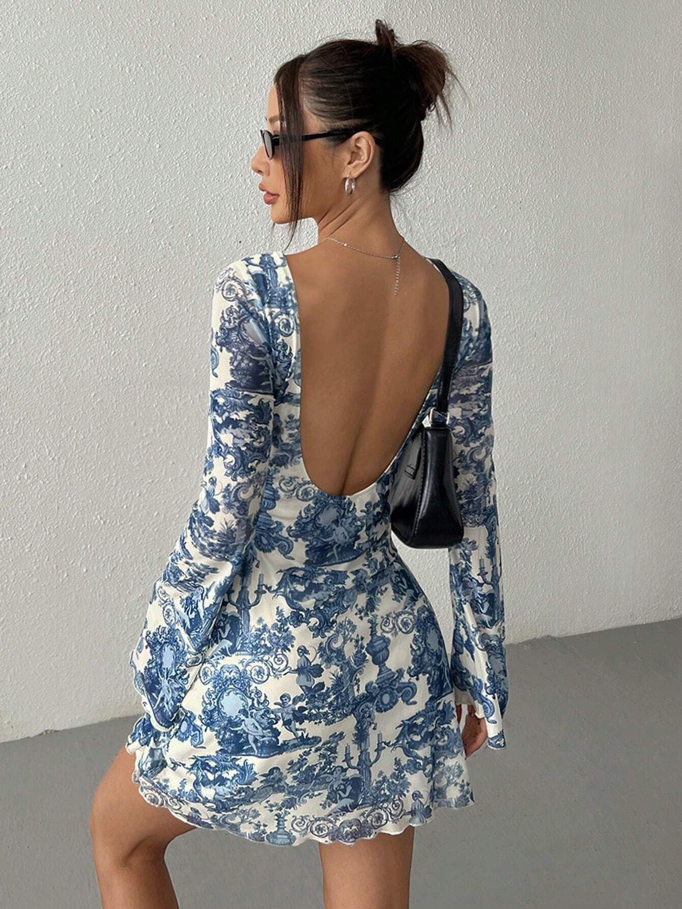 Women's printed horn sleeve backless mesh dress - Image 6