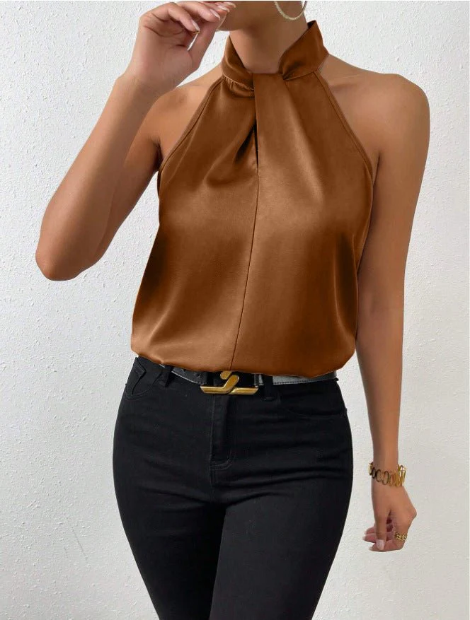 Women's Satin Halter Sleeveless Vest Satin Simulation Silk Top - Image 17