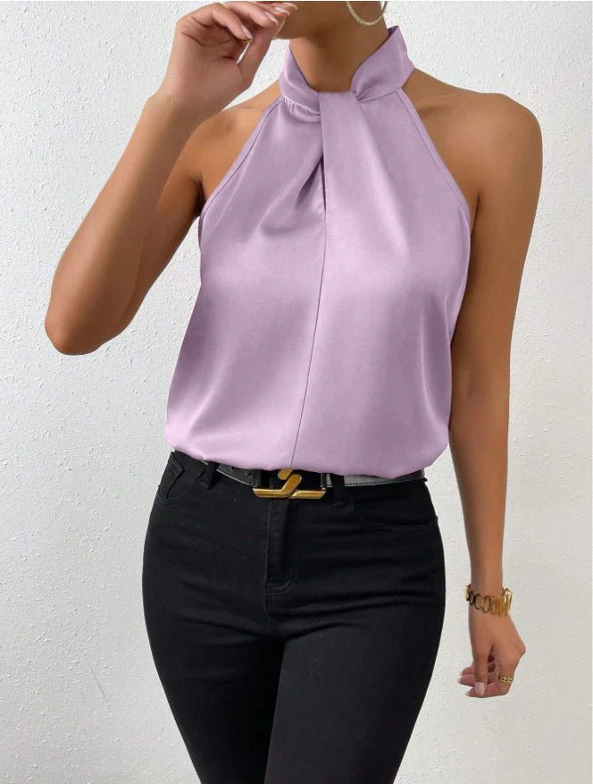 Women's Satin Halter Sleeveless Vest Satin Simulation Silk Top - Image 18