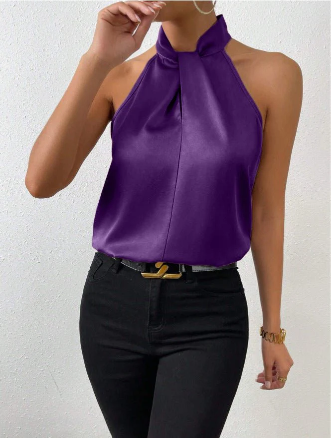 Women's Satin Halter Sleeveless Vest Satin Simulation Silk Top - Image 19