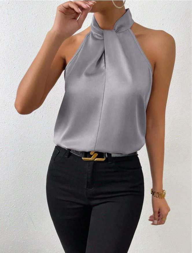 Women's Satin Halter Sleeveless Vest Satin Simulation Silk Top FD - Image 10