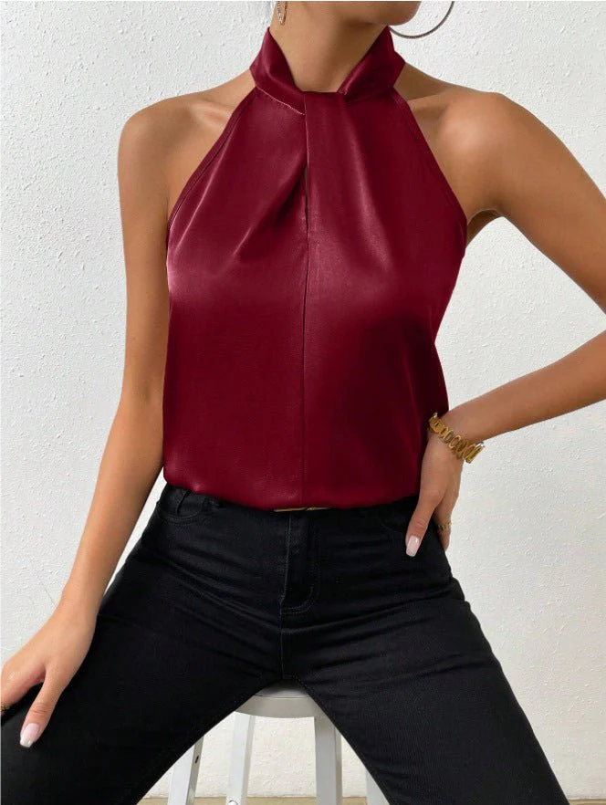 Women's Satin Halter Sleeveless Vest Satin Simulation Silk Top FD - Image 3