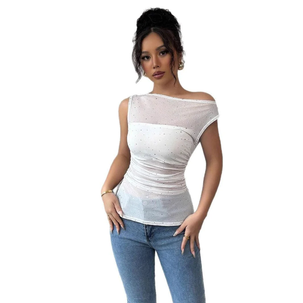 Women's sequins decorative pleats oblique collar pleats hem T-shirt - Image 5