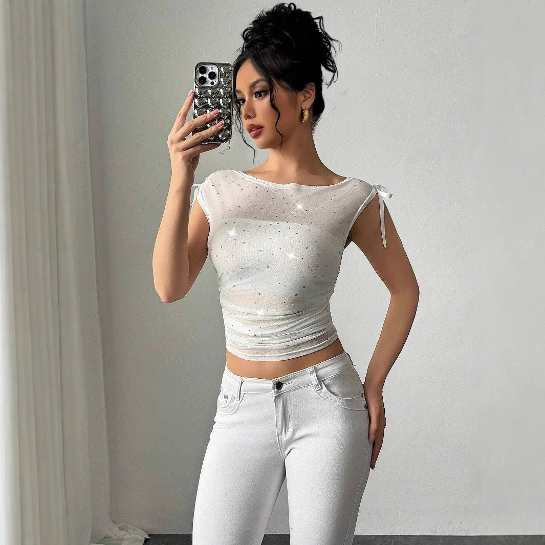 Women's sequins mesh off-the-shoulder bow pleated T-shirt top