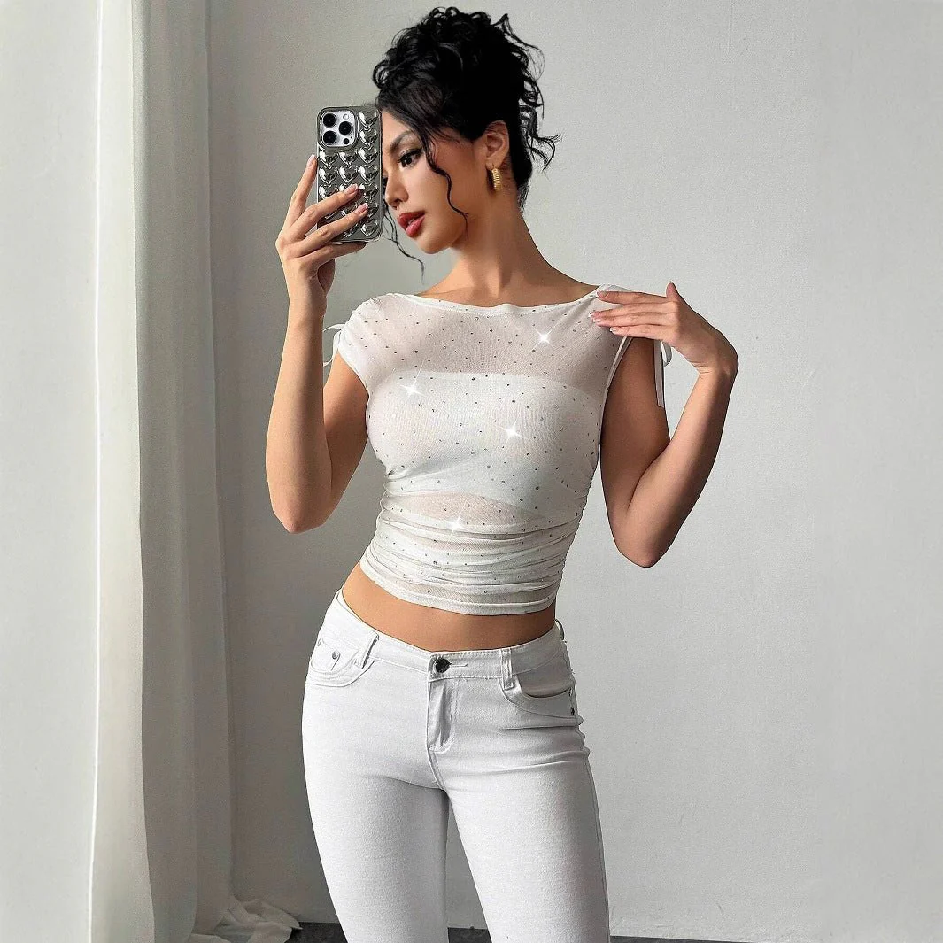 Women's sequins mesh off-the-shoulder bow pleated T-shirt top - Image 3