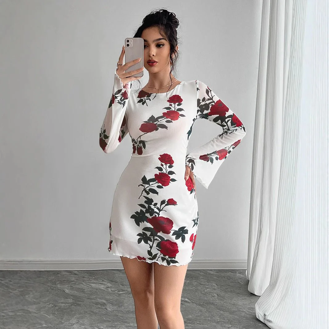 Women's sexy floral backless mesh horn sleeve mini dress