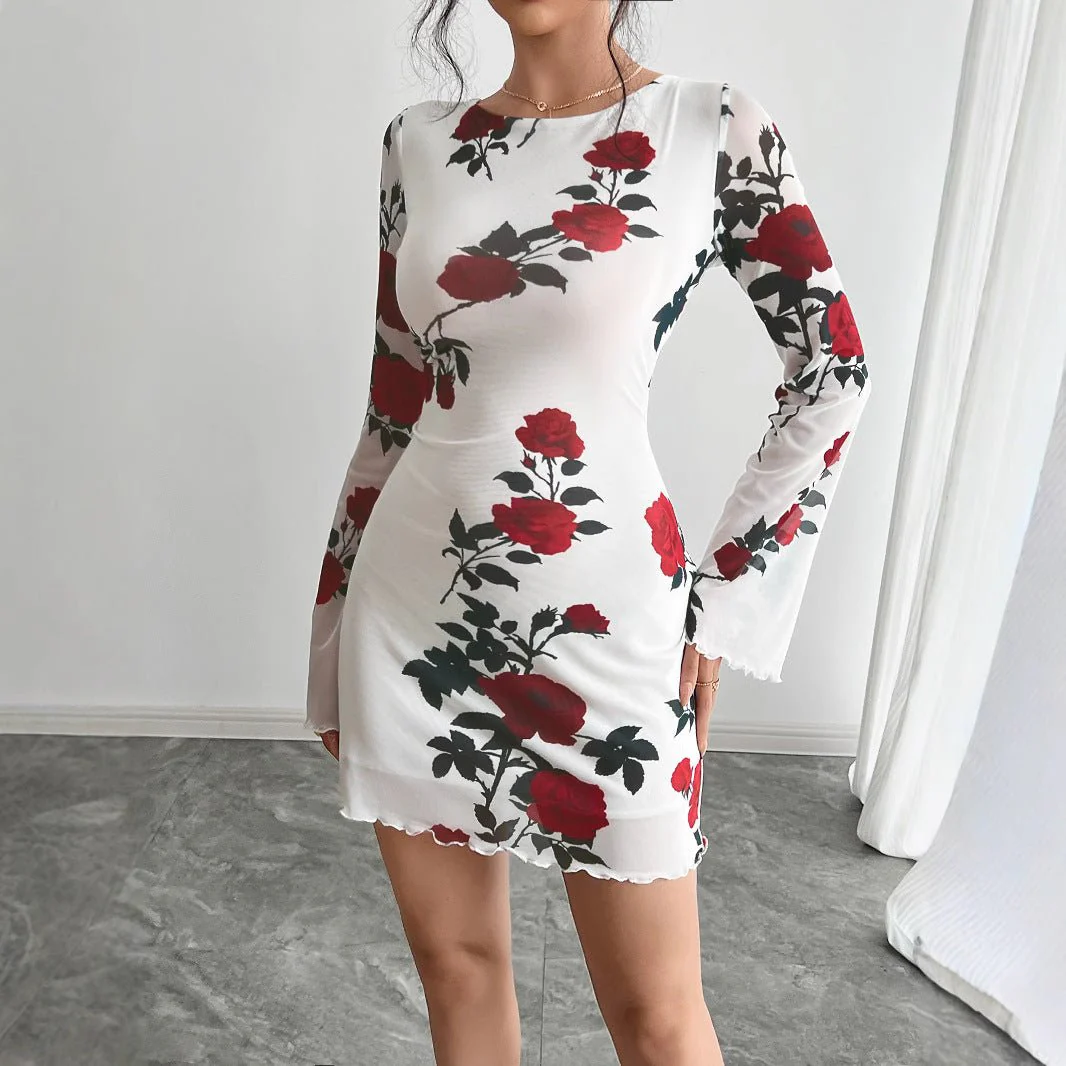 Women's sexy floral backless mesh horn sleeve mini dress - Image 2