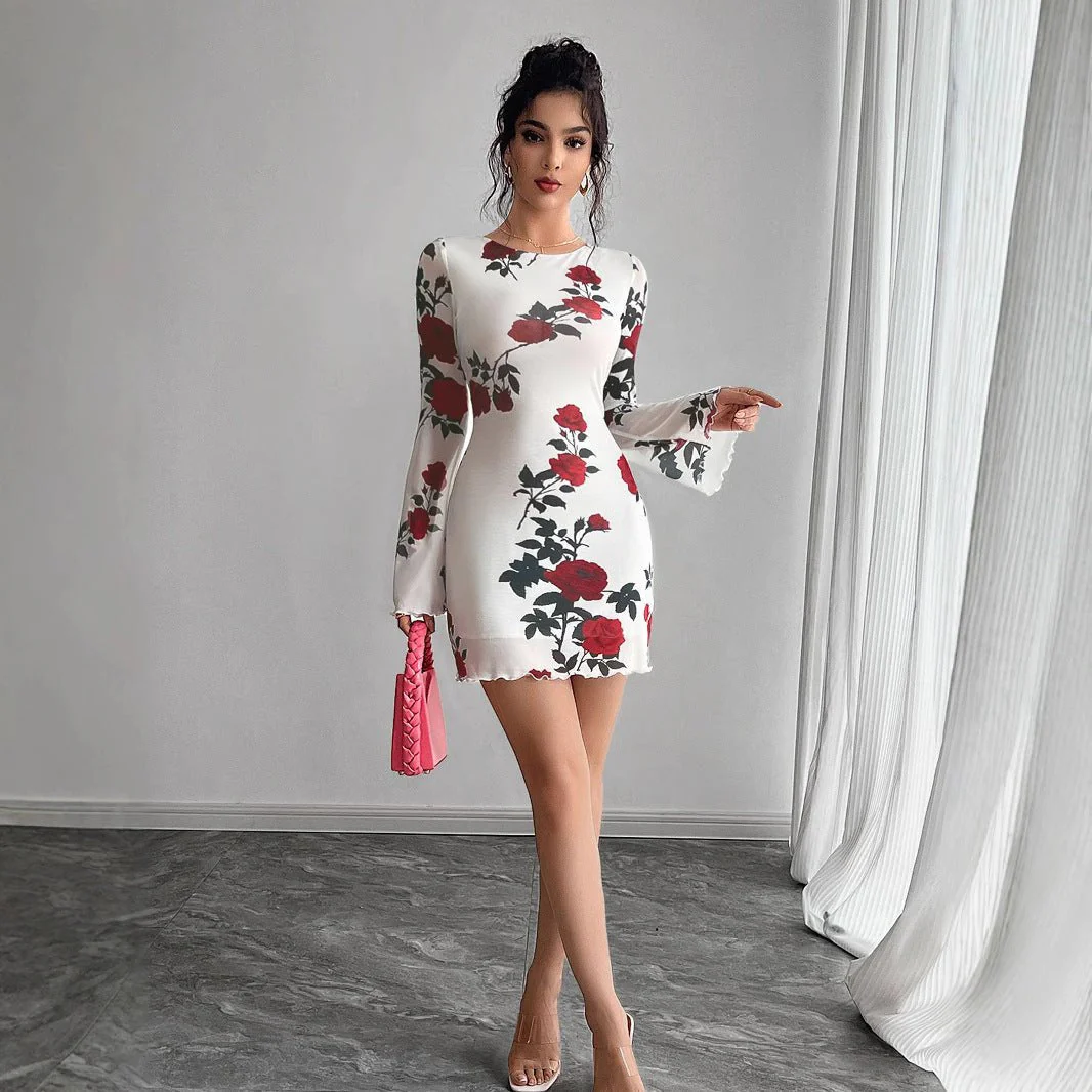 Women's sexy floral backless mesh horn sleeve mini dress - Image 3