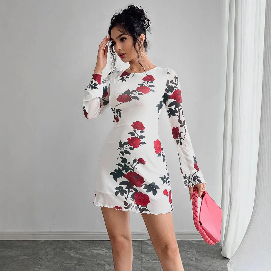 Women's sexy floral backless mesh horn sleeve mini dress - Image 4