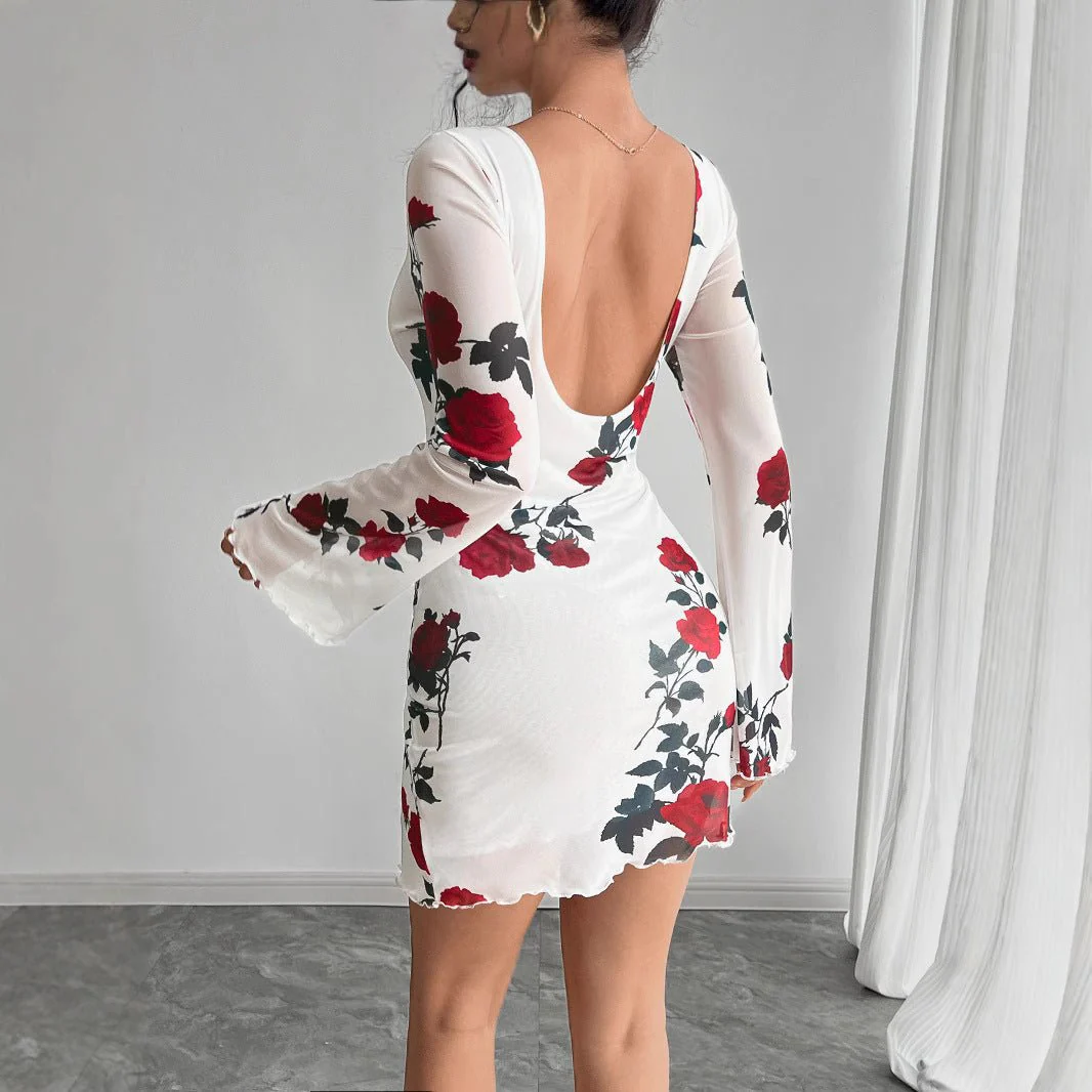 Women's sexy floral backless mesh horn sleeve mini dress - Image 5