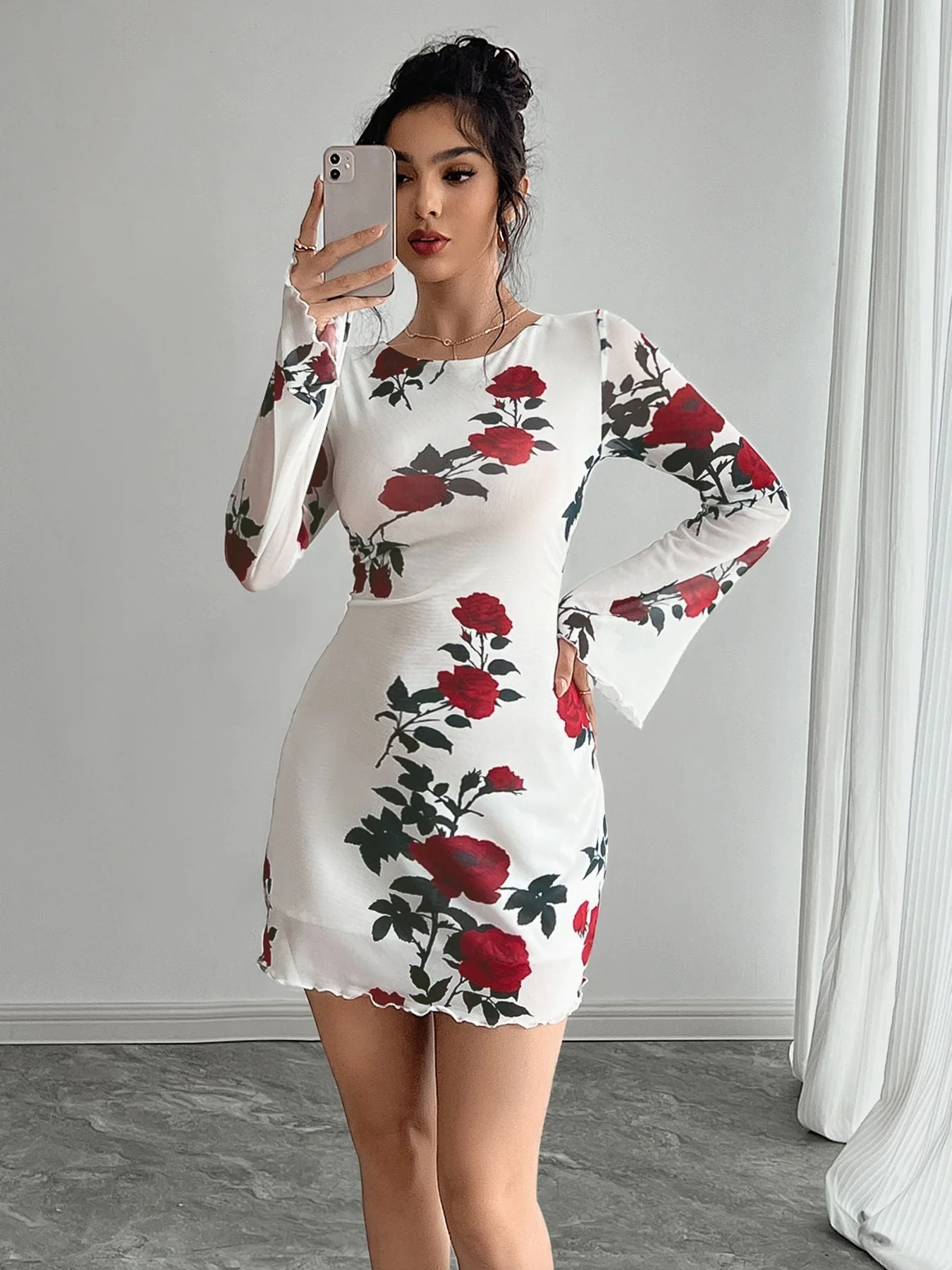Women's sexy floral backless mesh horn sleeve mini dress - Image 6