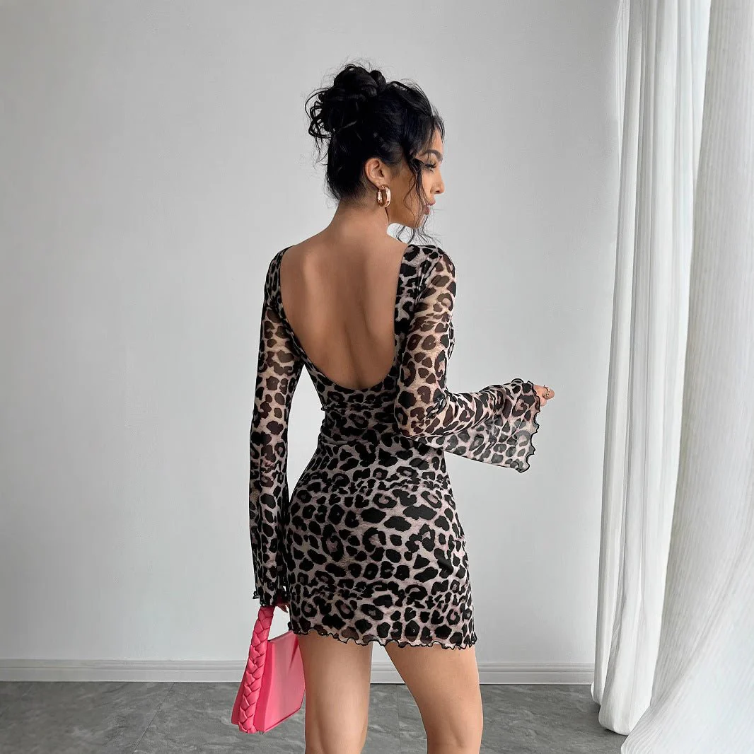 Women's sexy leopard print halter horn sleeve mesh dress - Image 2