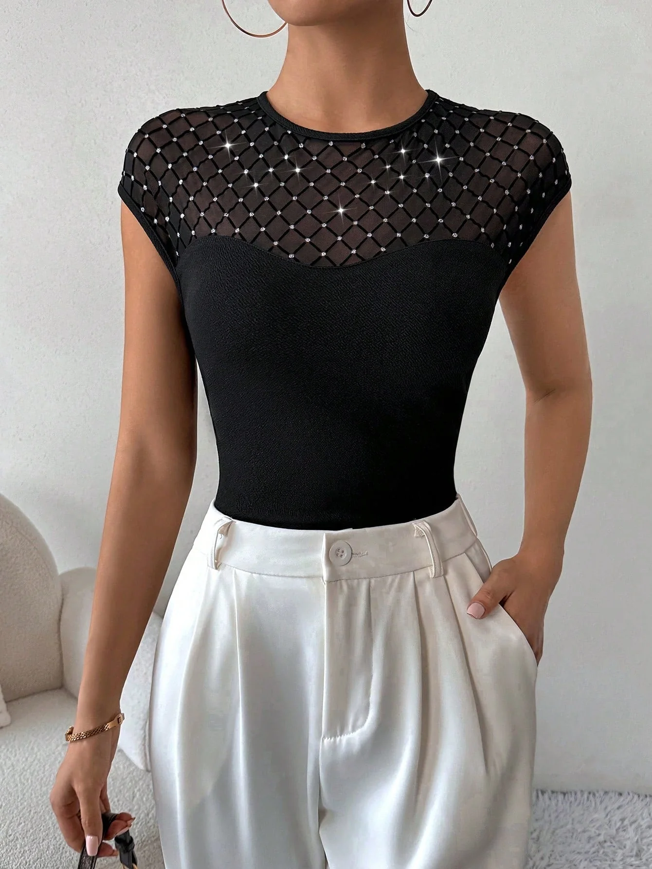 Women's Sheer Mesh Yoke Slim-Fit T-Shirt - Image 10