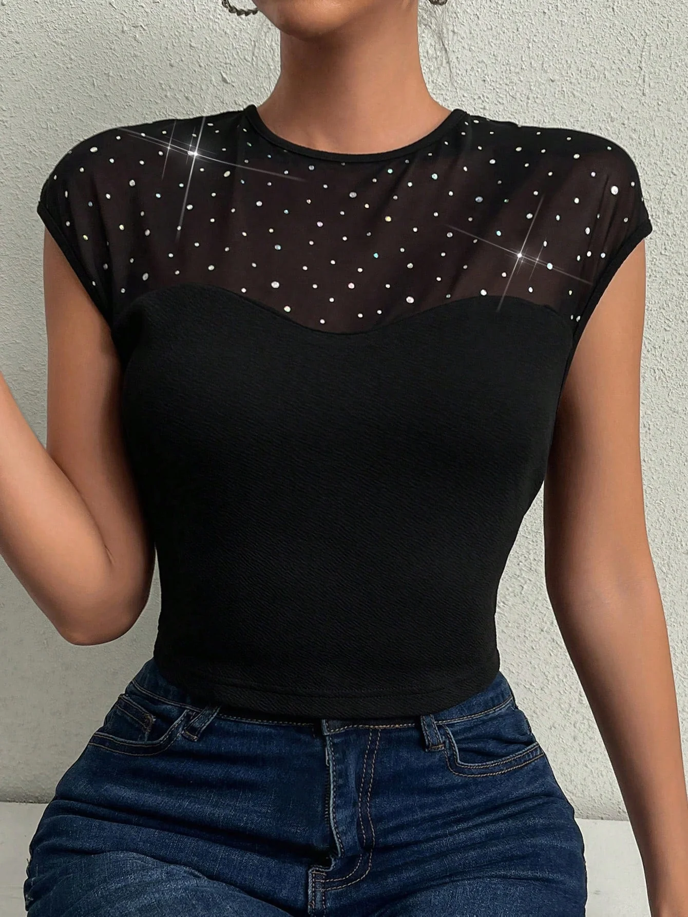 Women's Sheer Mesh Yoke Slim-Fit T-Shirt - Image 5