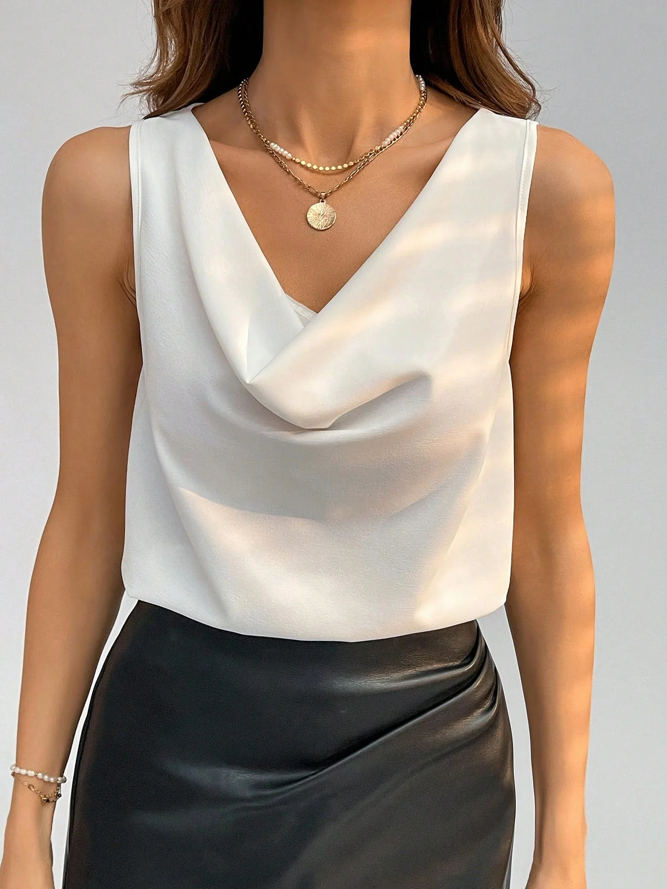 Women's Sleeveless Swing Collar Solid Color White Blouse Work Women Shirts,Sleeveless Tops - Image 5