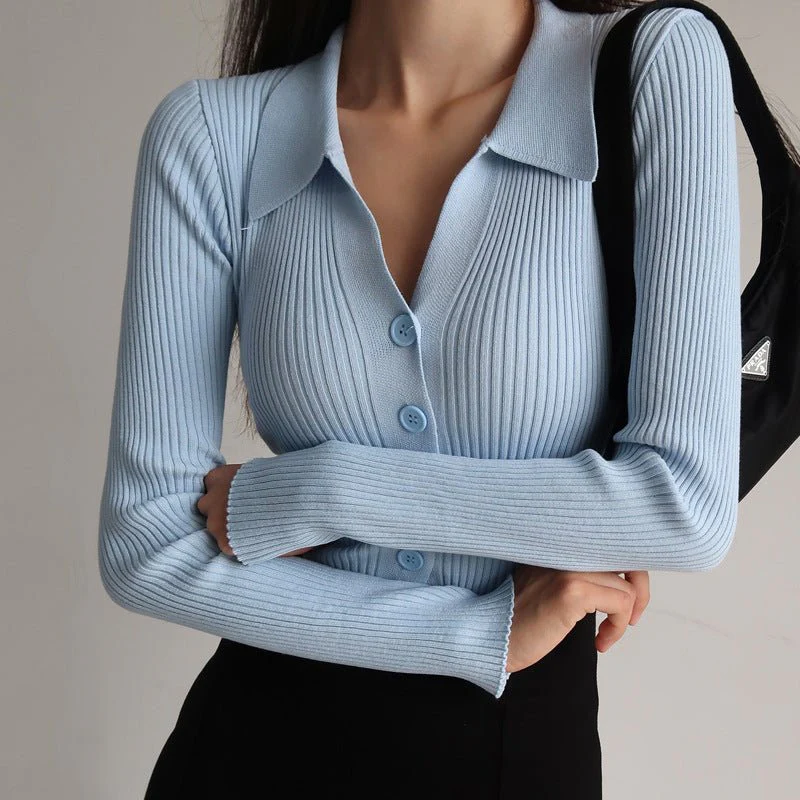 Women's Slim Commuter Cardigan Sweater – Long Sleeve Polo Collar Pullover FD - Image 12