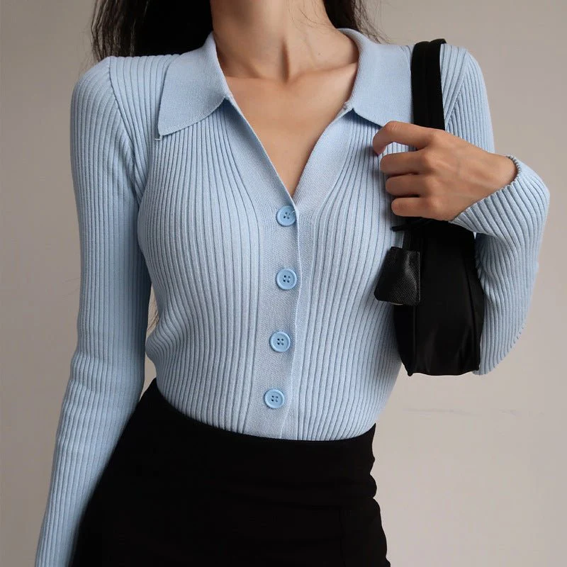 Women's Slim Commuter Cardigan Sweater – Long Sleeve Polo Collar Pullover FD - Image 3