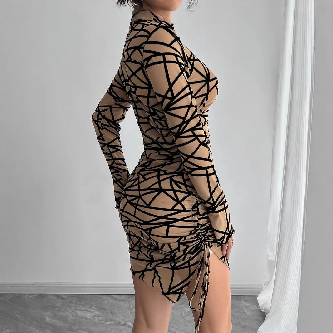Women's slim-fit side drawstring small stand-up collar long-sleeved irregular short dress - Image 2