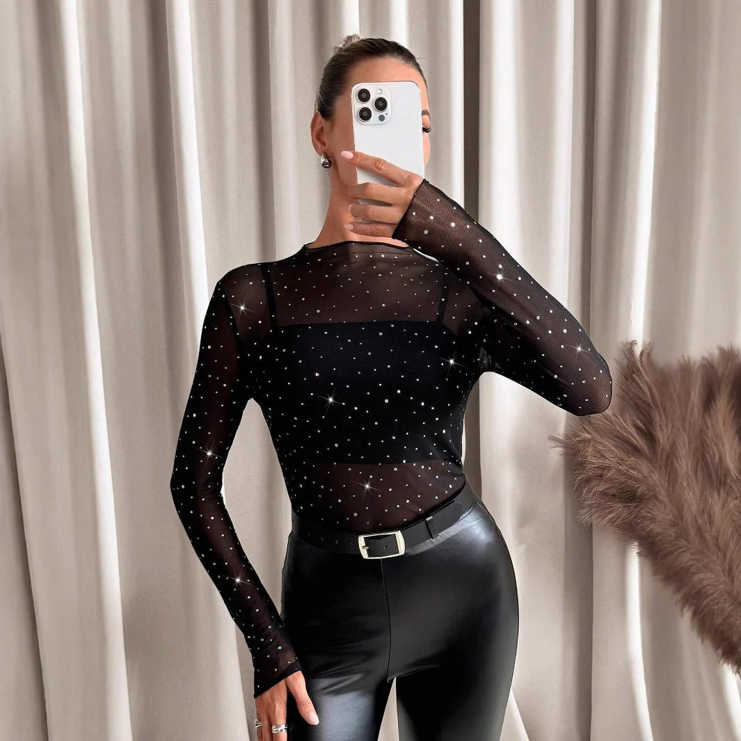 Women's small stand-up collar long-sleeved mesh sand transparent rhinestone decorative T-shirt top